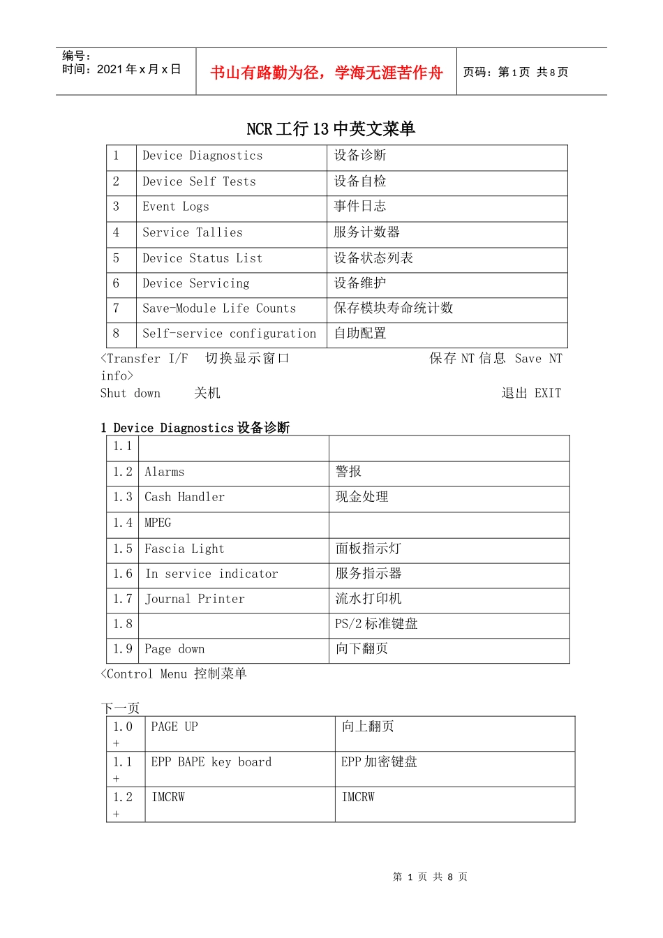 NCR工行中英文菜单_第1页
