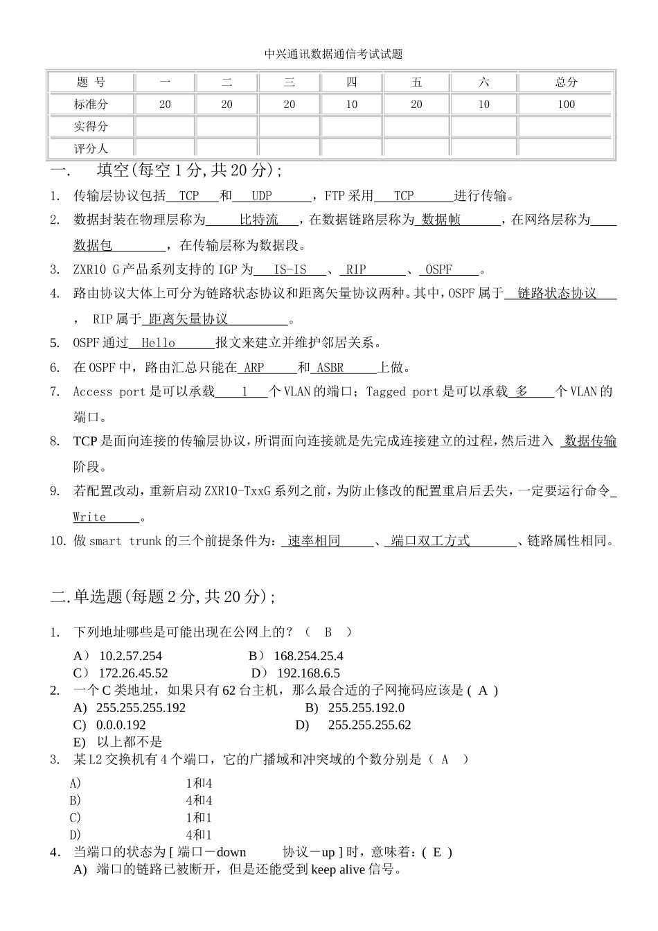 中兴通讯数据通信考试试题_第1页