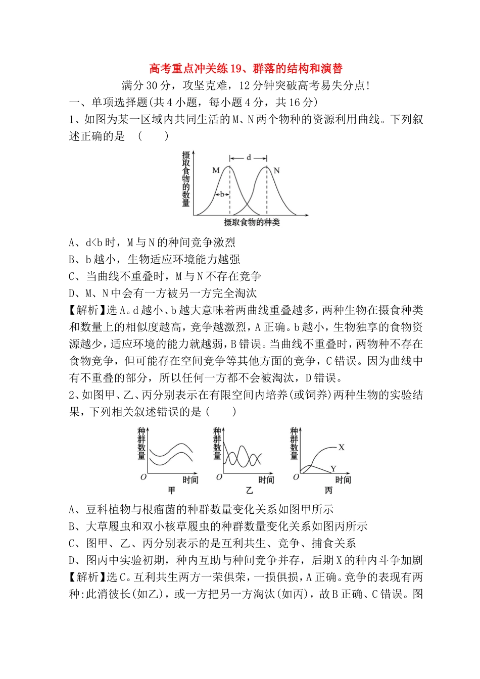 高考重点冲关练 群落的结构和演替测试题_第1页