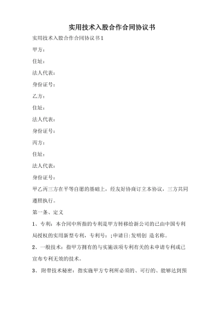 实用技术入股合作合同协议书