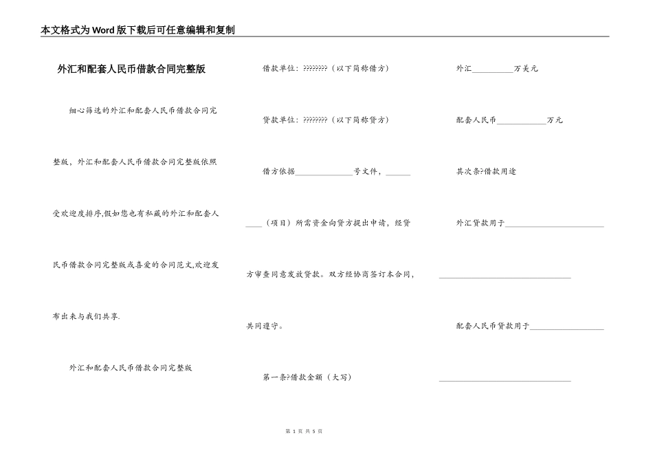 外汇和配套人民币借款合同完整版_第1页
