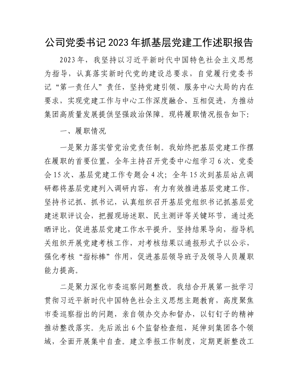 公司党委书记2023年抓基层党建工作述职报告_第1页