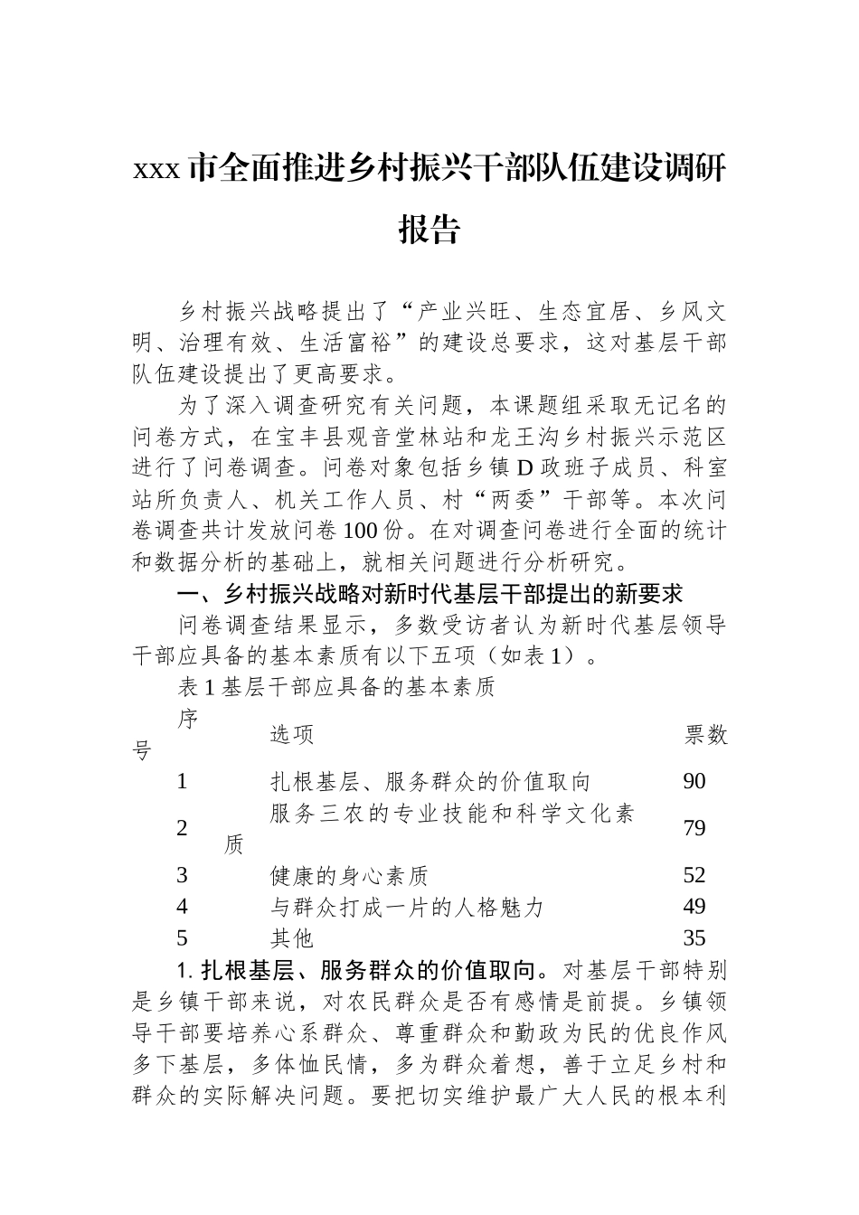 xxx市全面推进乡村振兴干部队伍建设调研报告_第1页