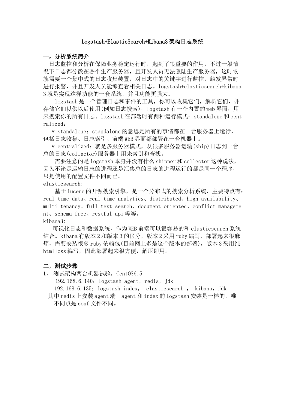 Logstash+ElasticSearch+Kibana3架构日志系统操作手册_第1页
