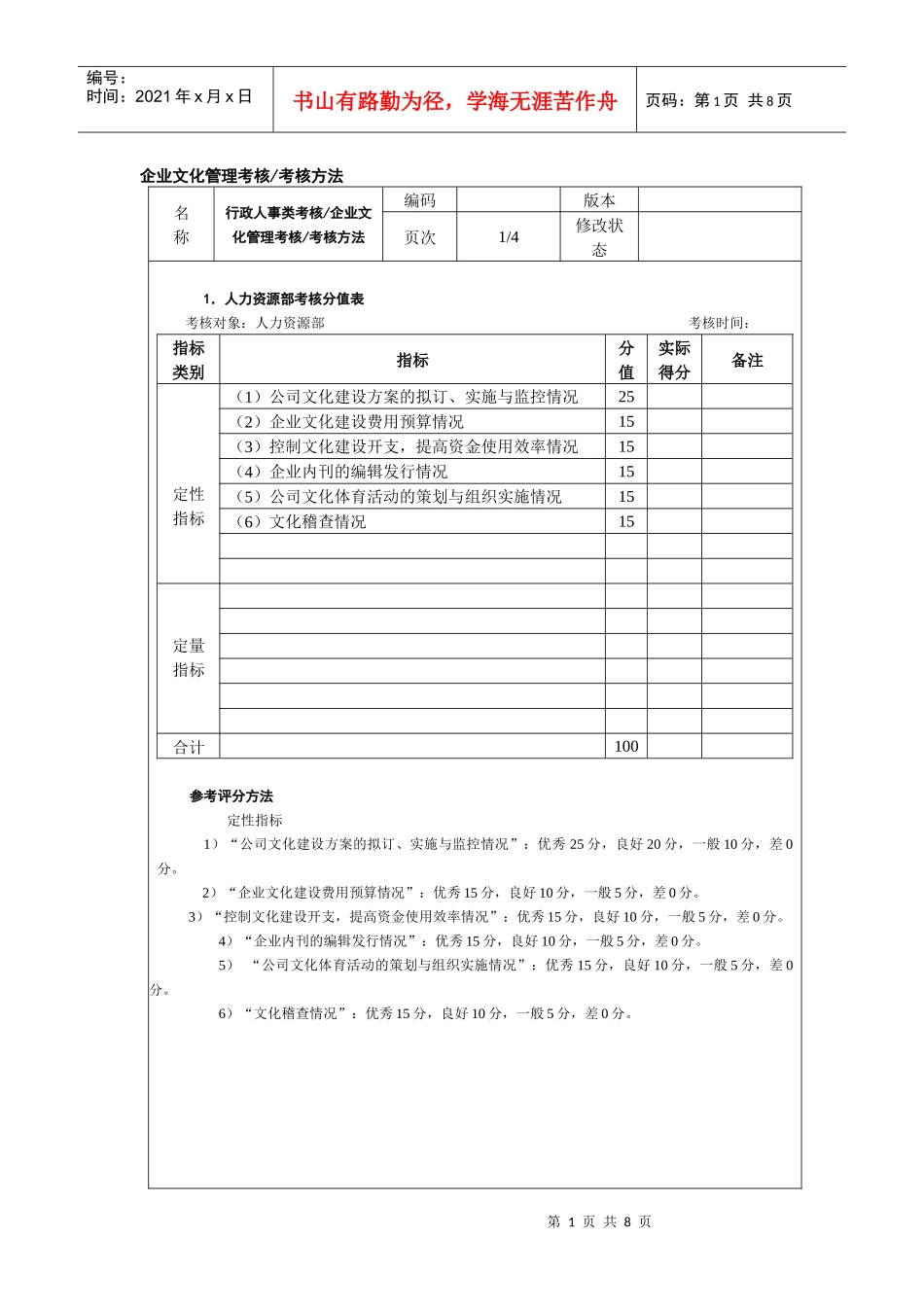 企业文化管理考核考核方法_第1页