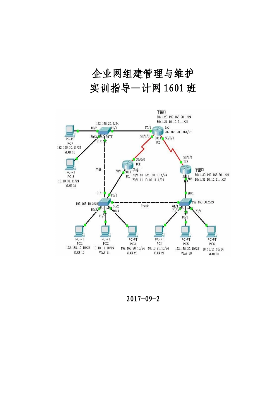 企业网组建管理与维护-实训指导—计网1601班19本_第1页