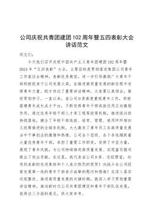 公司庆祝共青团建团102周年暨五四表彰大会讲话（国有企业青年节会议）