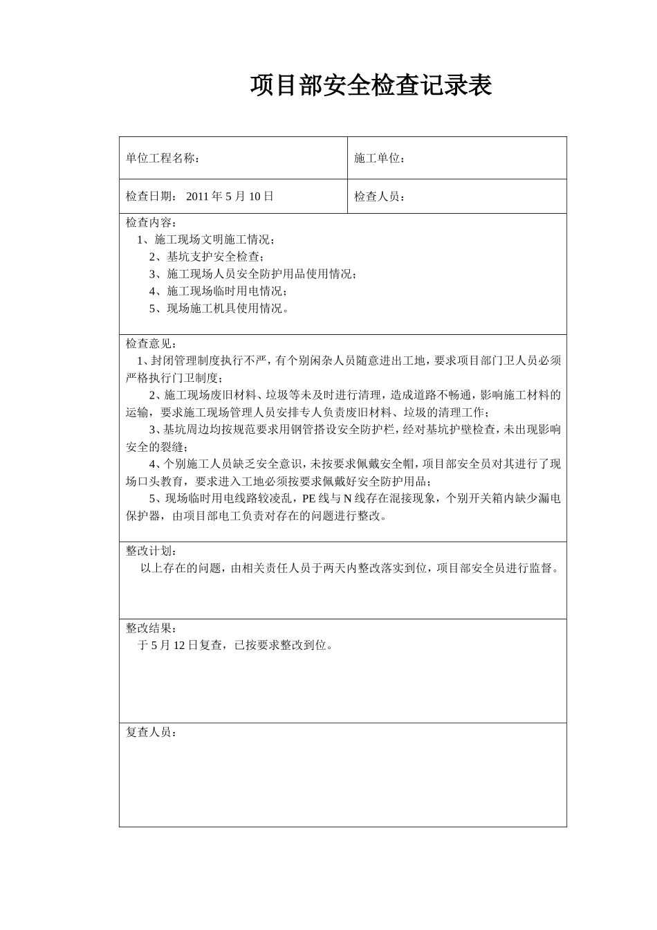 房地产项目部安全检查记录表_第1页