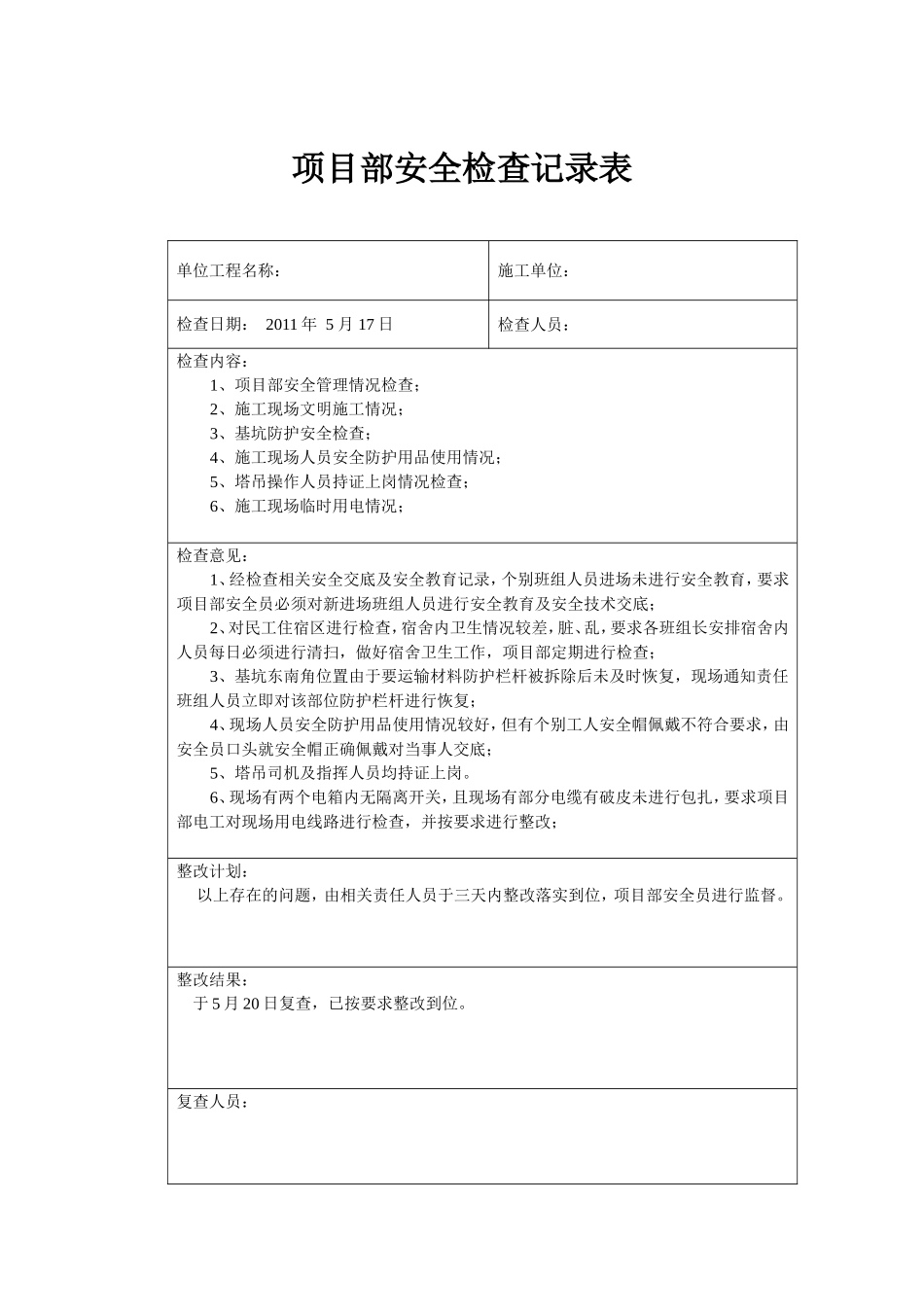 房地产项目部安全检查记录表_第2页