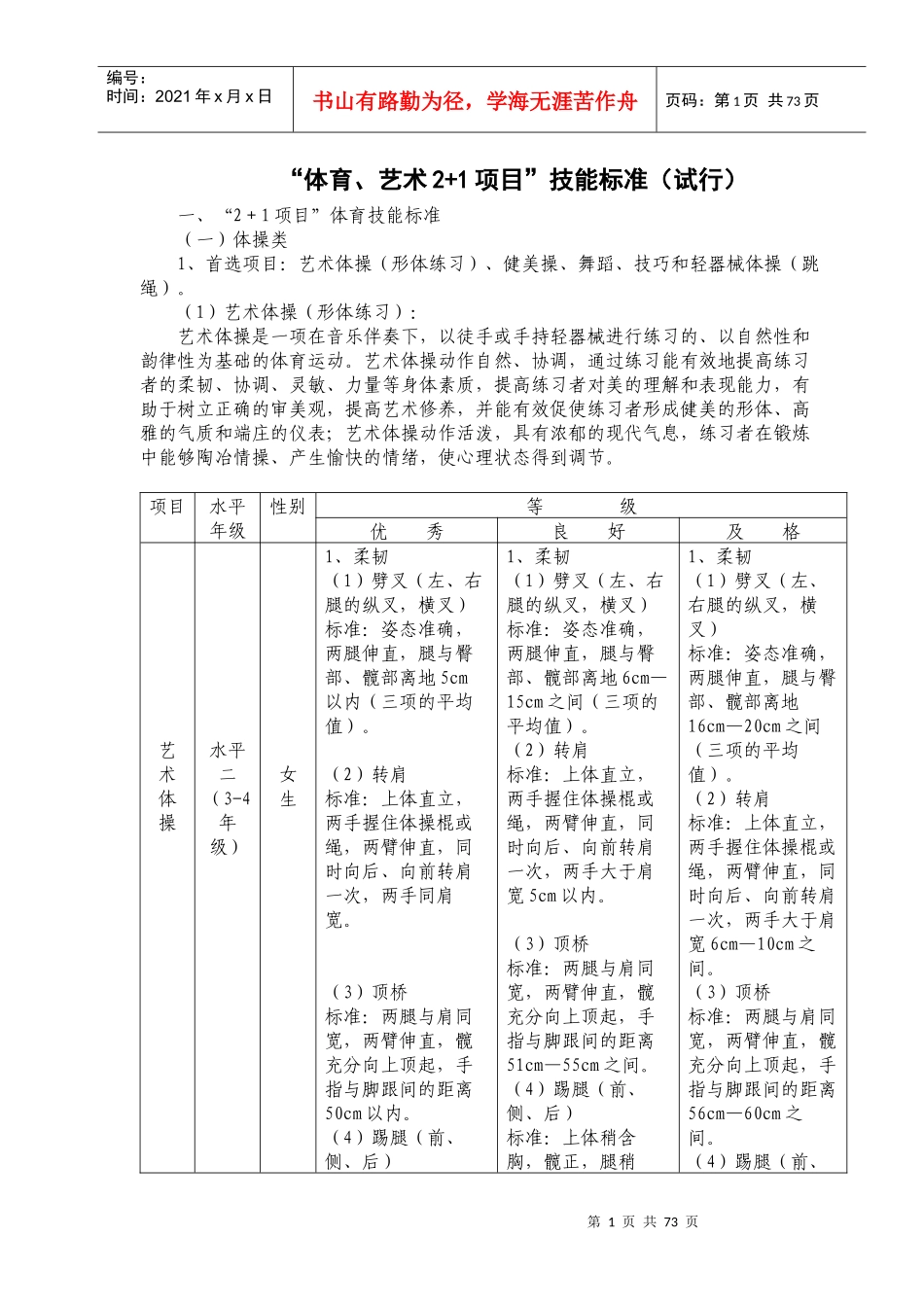 体育艺术2+1项目技能标准概述_第1页