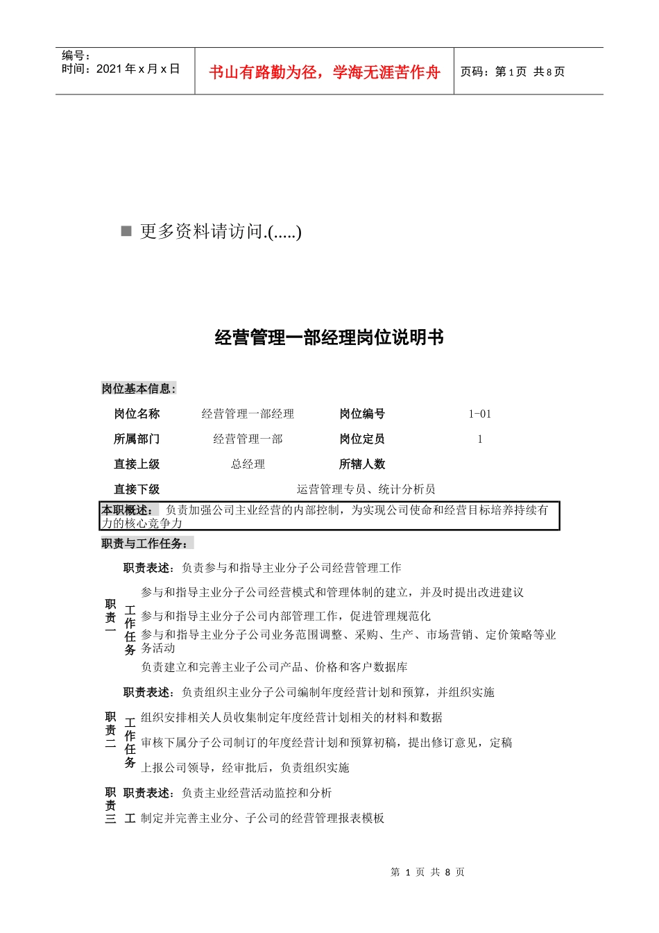企业经营管理经理岗位说明书_第1页