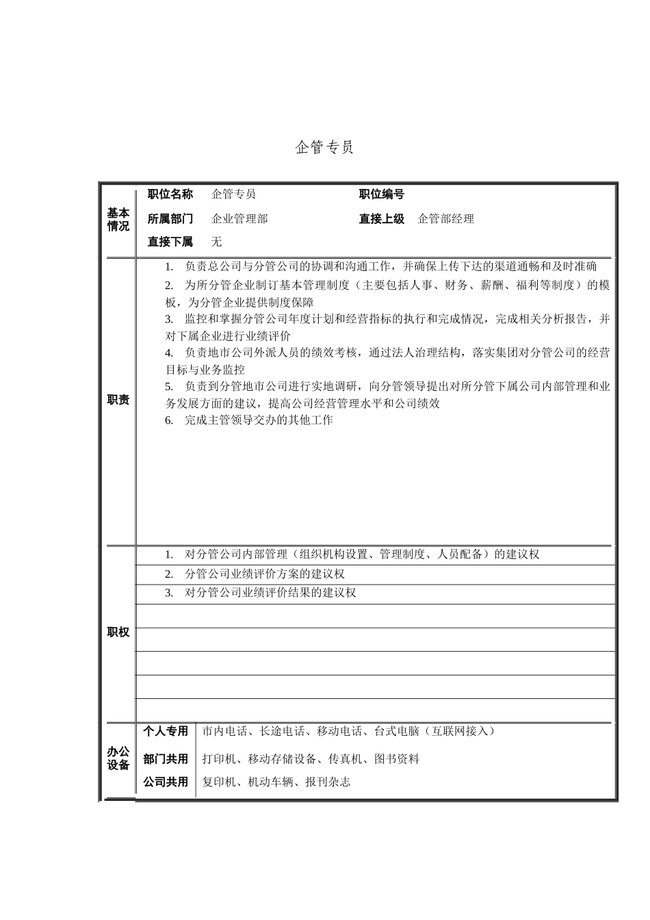 企业管理部企管专员、内勤等岗位描述_第1页
