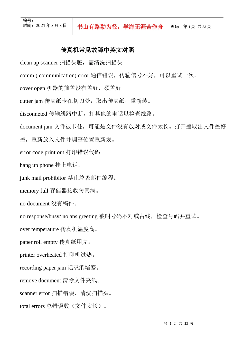 传真机常见故障中英文对照_第1页