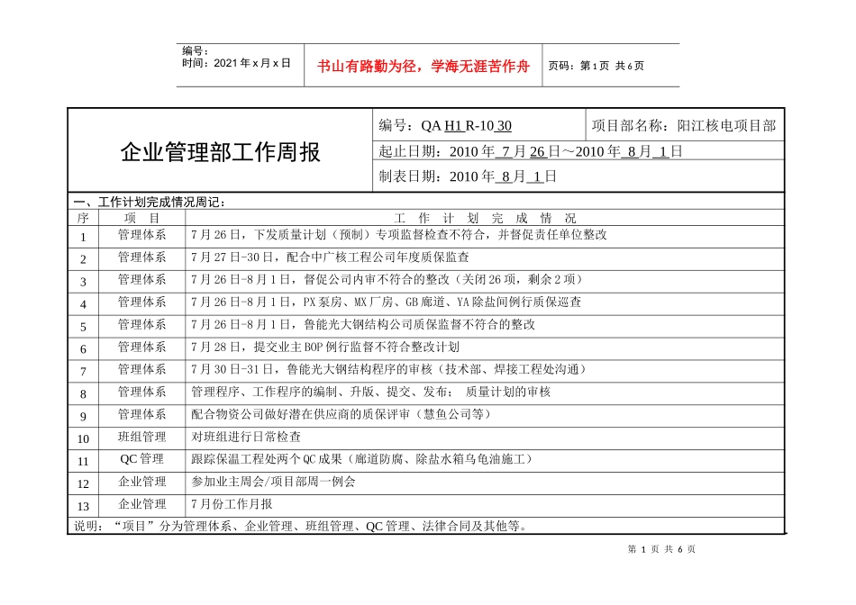 企业管理部工作周报_第1页