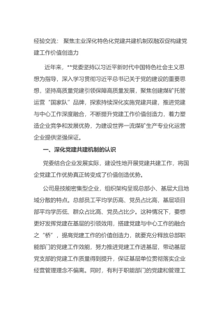 经验交流： 聚焦主业深化特色化党建共建机制双融双促构建党建工作价值创造力