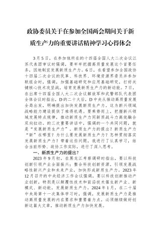 政协委员关于总书记在参加全国两会期间关于新质生产力的重要讲话精神学习心得体会