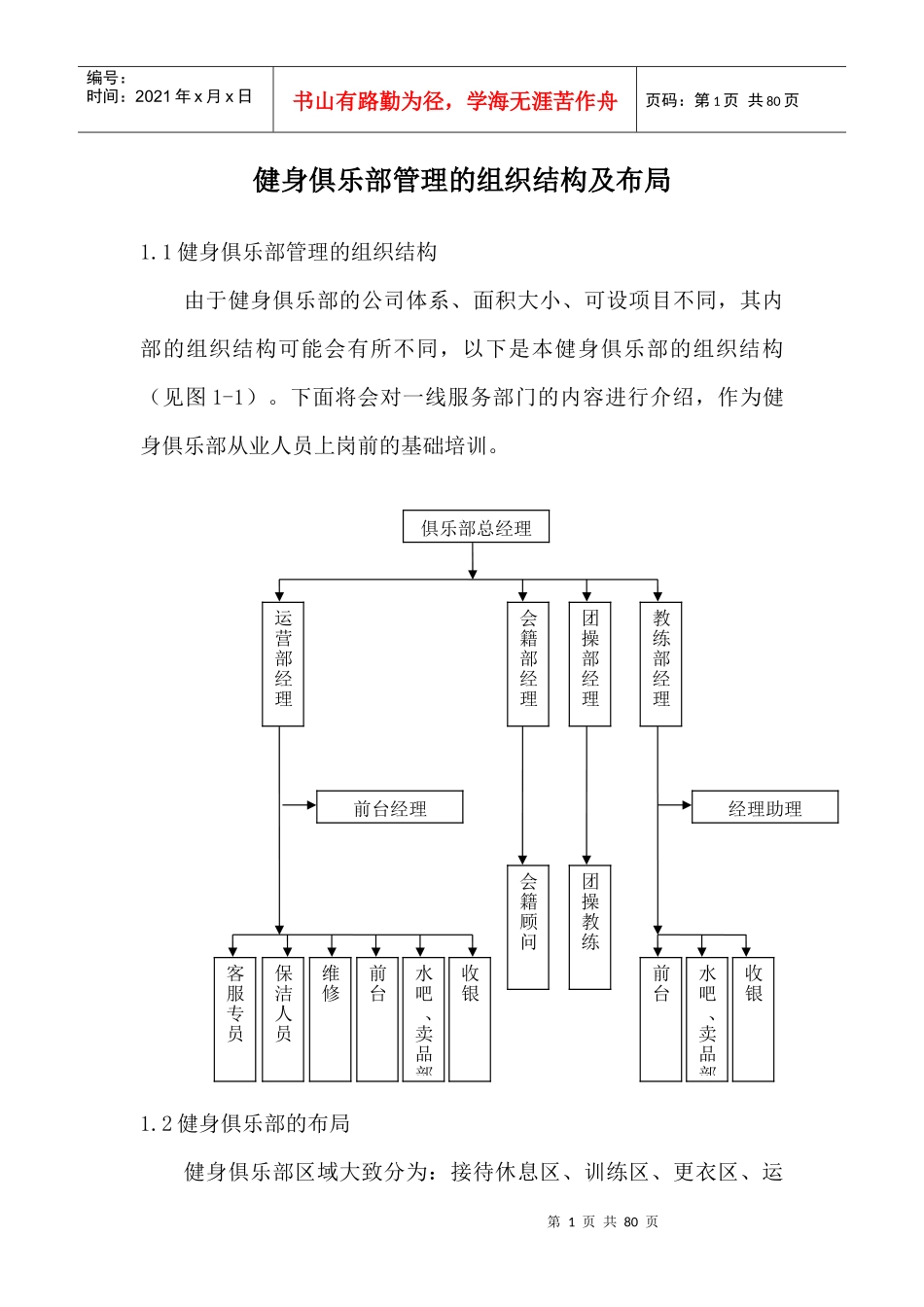 健身俱乐部管理的组织结构及布局概述_第1页