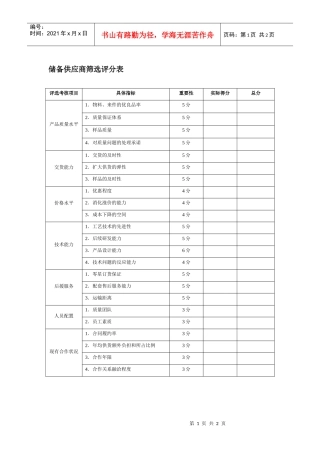 储备供应商筛选评分表