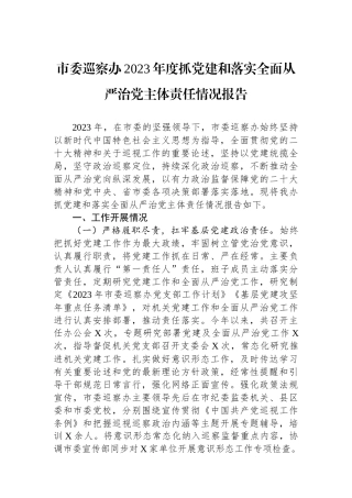 市委巡察办2023年度抓党建和落实全面从严治党主体责任情况报告