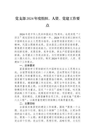 党支部2024年度组织、人资、党建工作要点