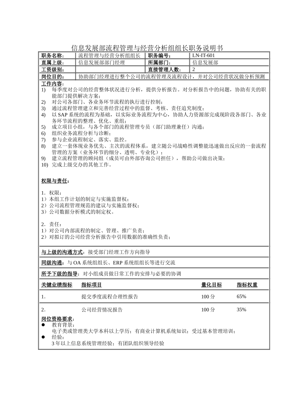 信息发展部流程管理与经营分析组组长职务说明书_第1页