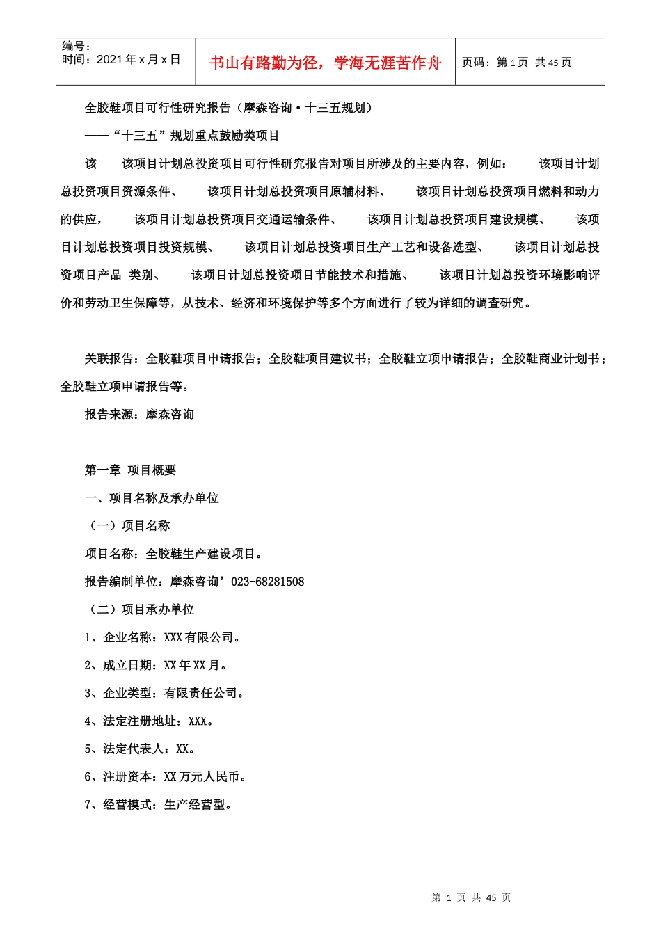 全胶鞋项目可行性研究报告(摩森咨询·十三五规划)_第1页