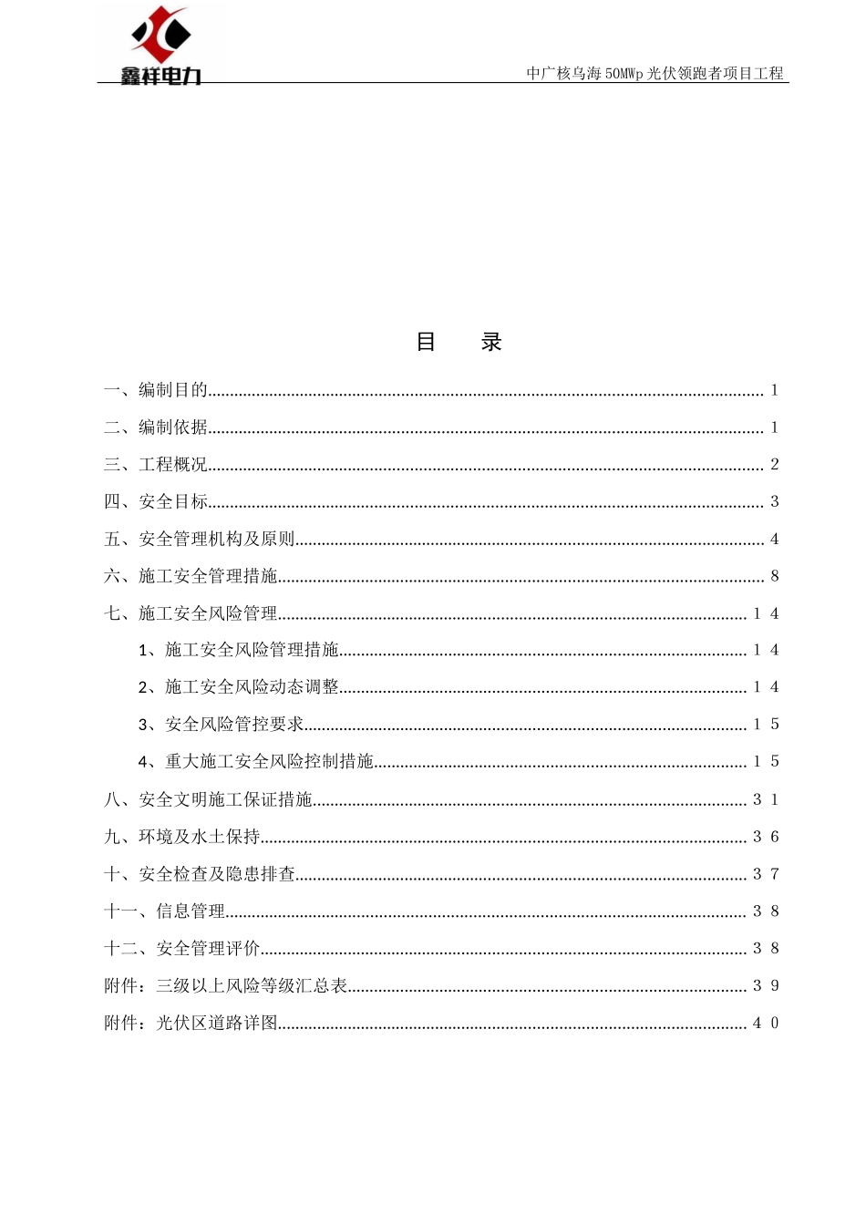 光伏领跑者项目工程施工安全管理及风险控制方案_第1页