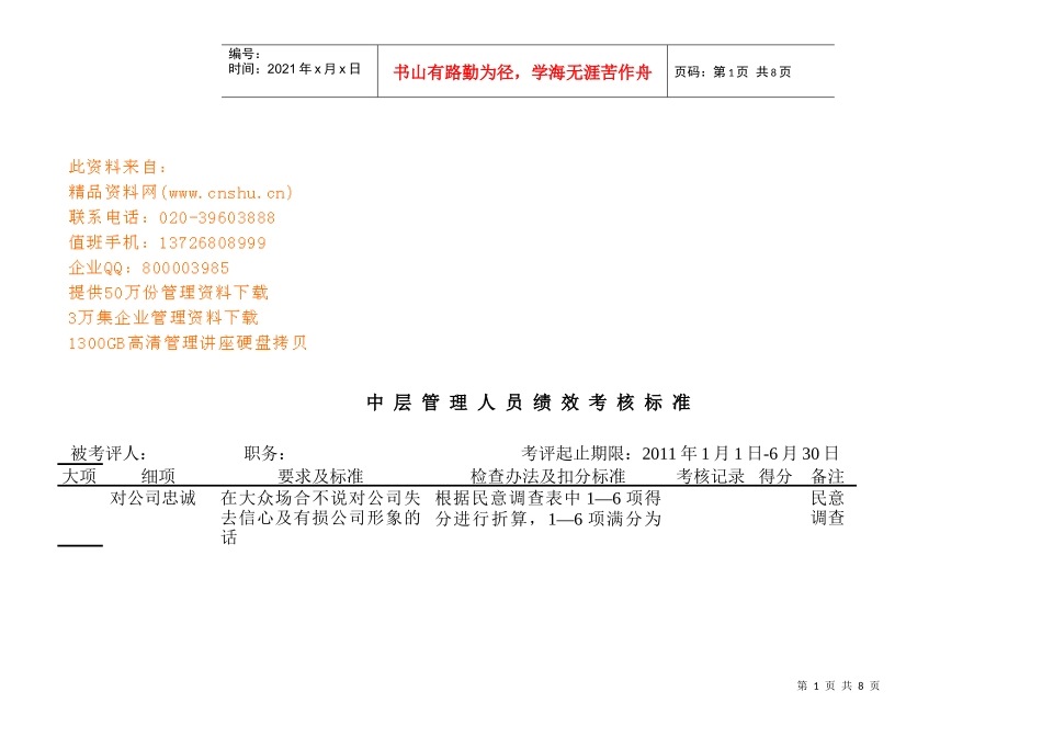 公司中层管理人员绩效考核标准_第1页