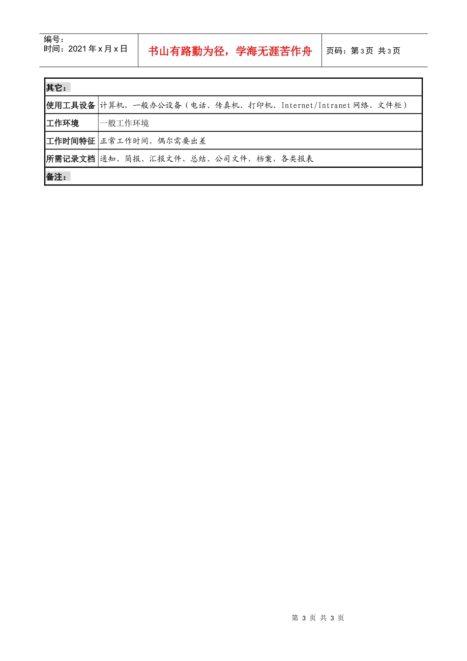 信托投资公司人力资源部人事管理专责职务说明书_第3页