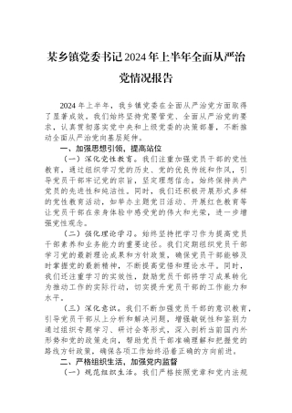 某乡镇党委书记2024年上半年全面从严治党情况报告