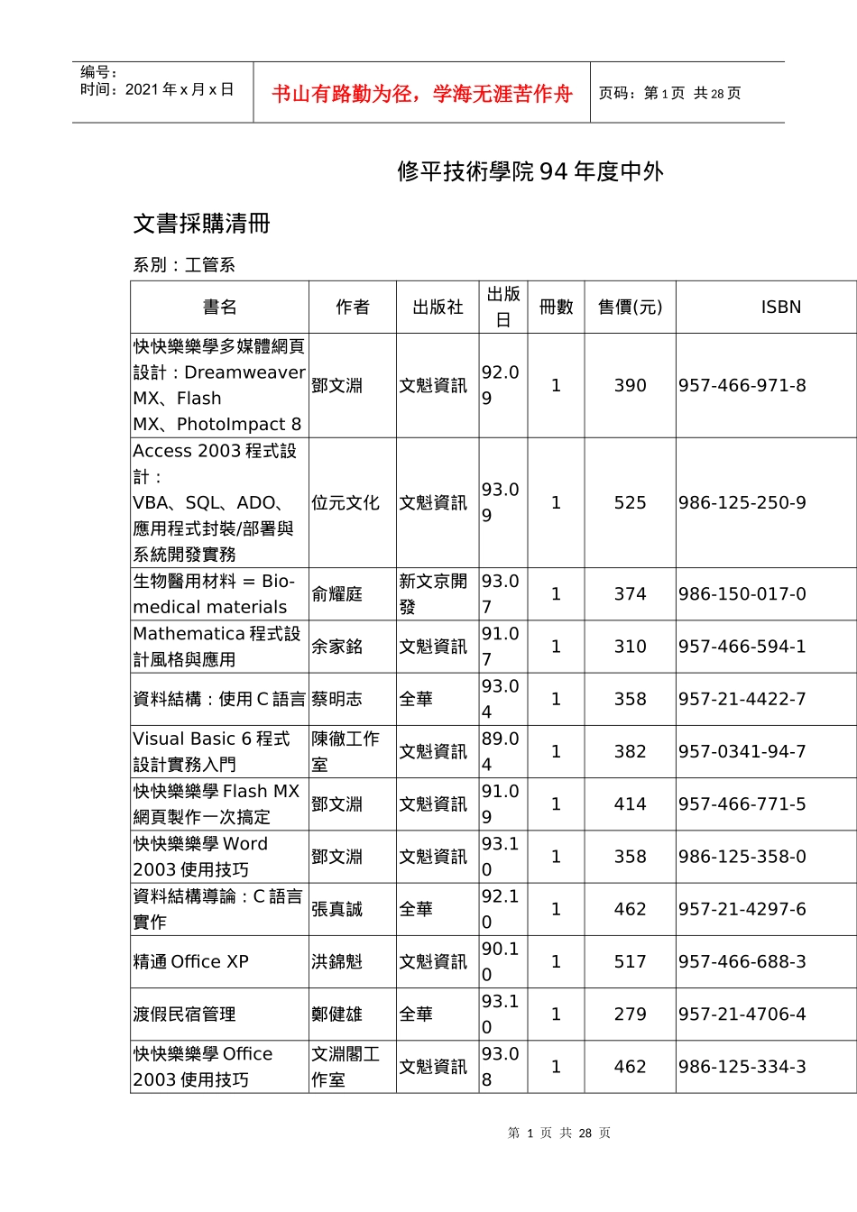 修平技术学院94年度中外文书采购清册_第1页