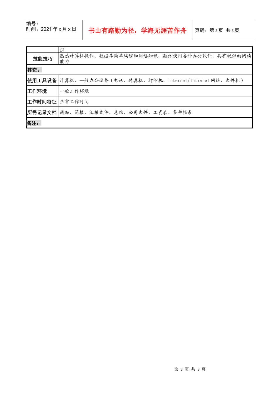 信托投资公司人力资源部薪酬管理专责职务说明书_第3页
