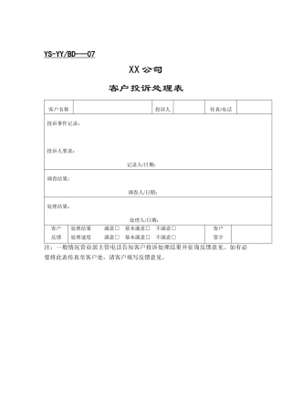 公司客户投诉处理表