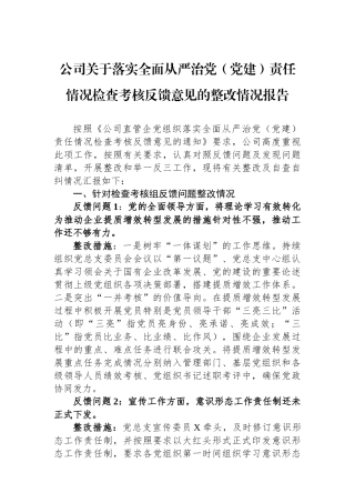 公司关于落实全面从严治党（党建）责任情况检查考核反馈意见的整改情况报告