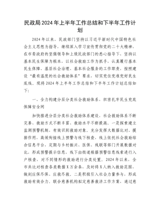 民政局2024年上半年工作总结和下半年工作计划