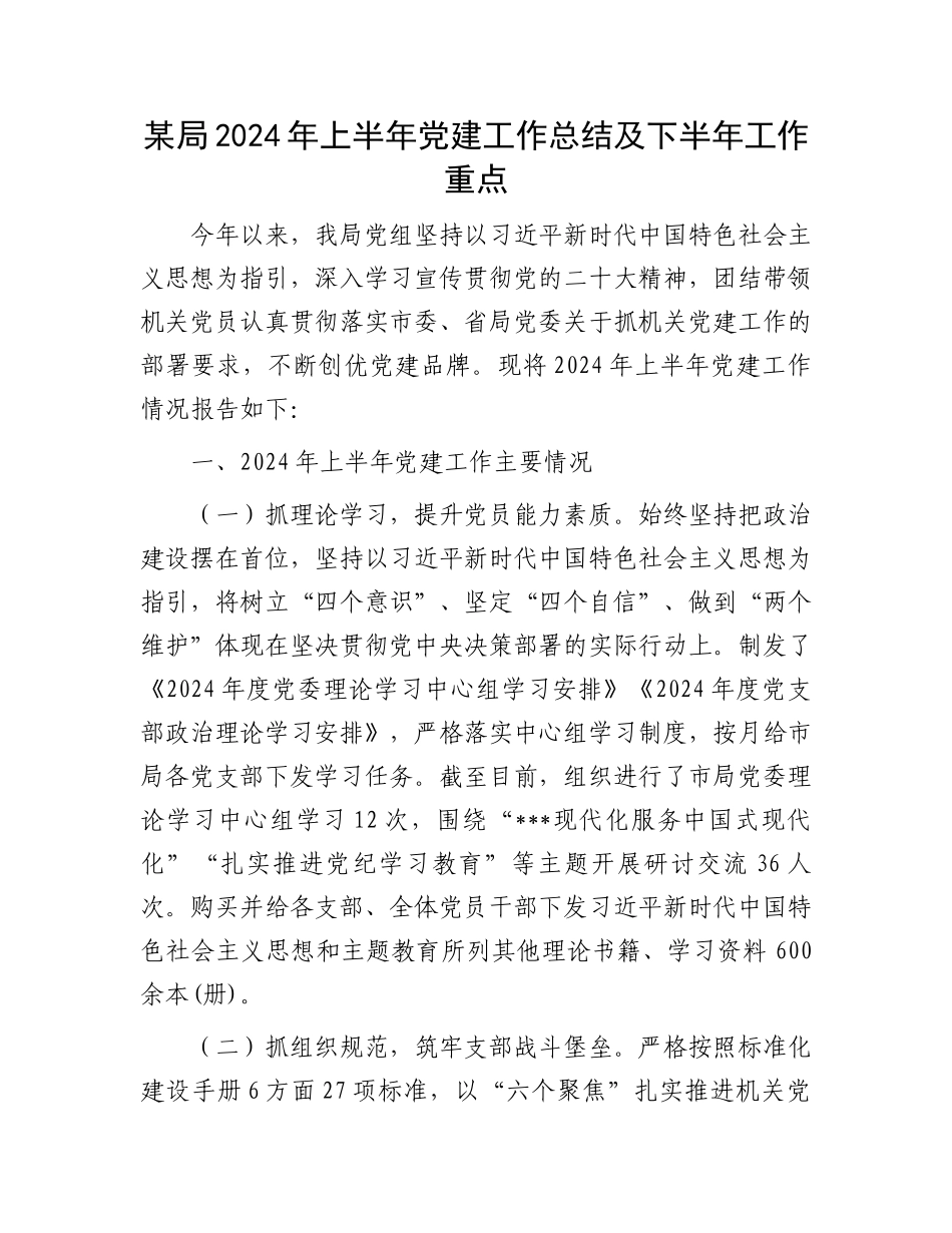 某局2024年上半年党建工作总结及下半年工作重点_第1页