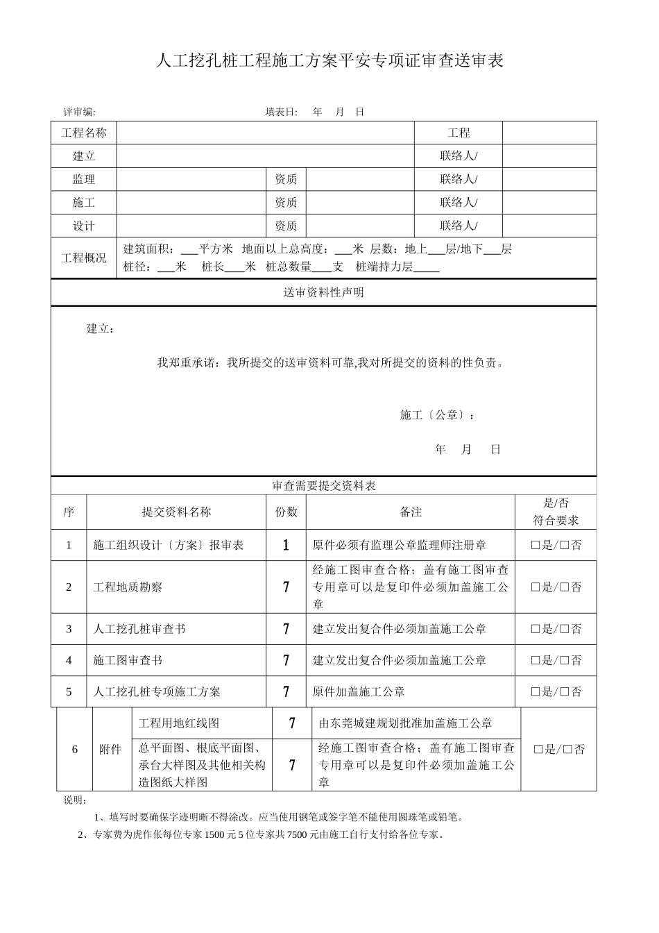 人工挖孔桩工程施工方案安全专项论证审查送审表_第1页