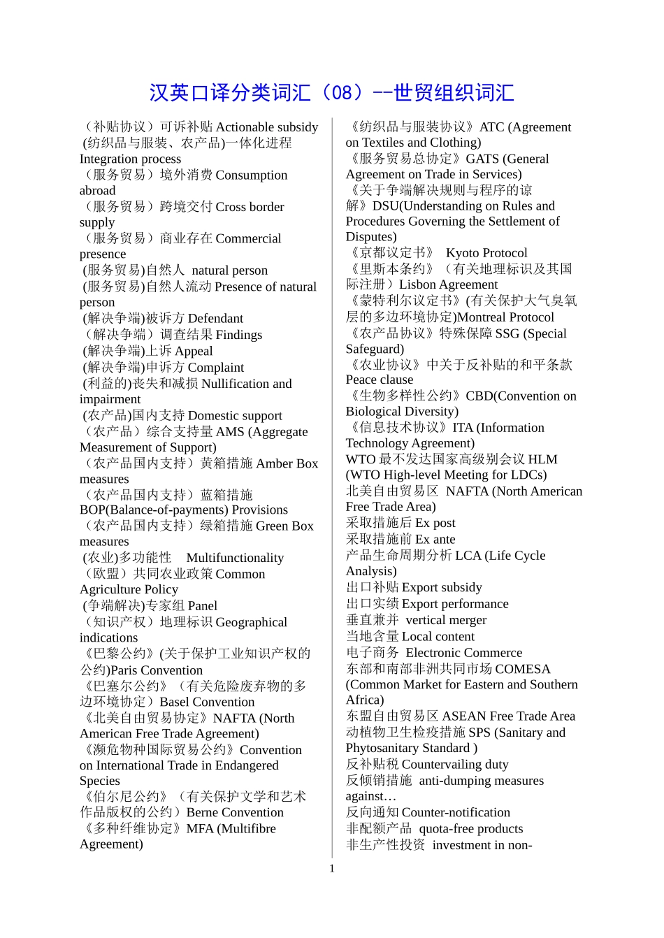 八世贸组织中英单词对照_第1页