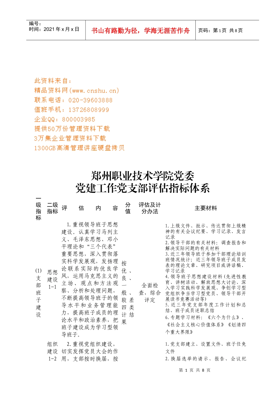 党委党建工作党支部评估指标_第1页