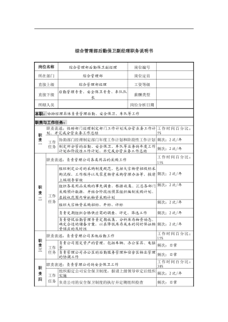 信托投资公司综合管理部后勤保卫副经理职务说明书