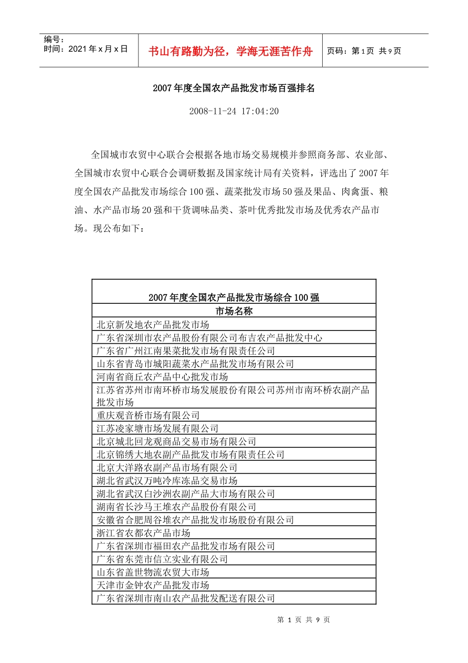 全国年度农产品批发市场百强排名_第1页