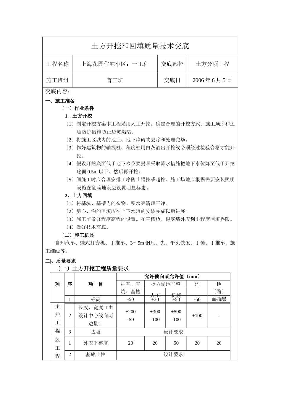 住宅小区一期工程土方开挖和回填质量技术交底_第1页