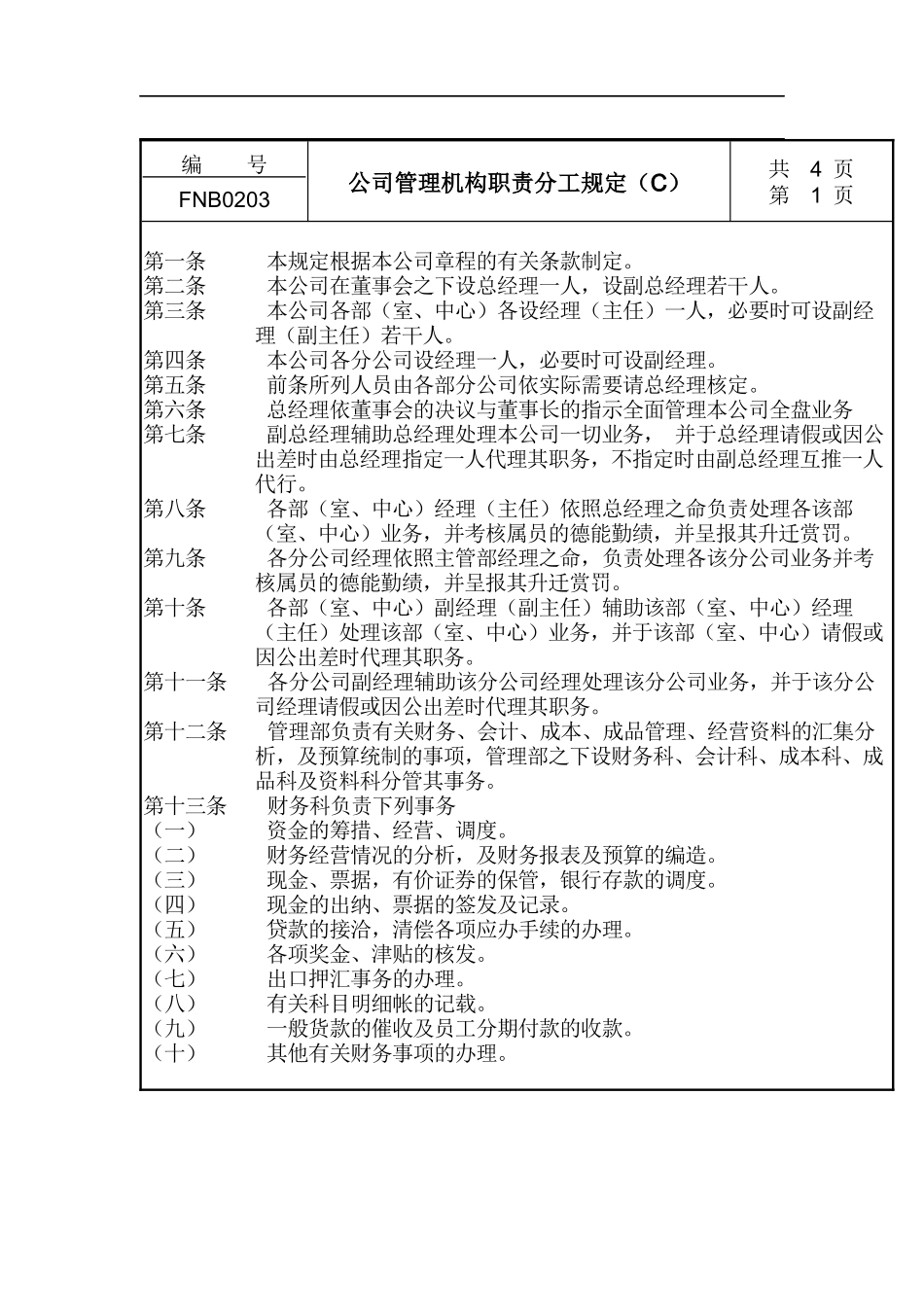 公司管理机构职责分工规定C_第1页