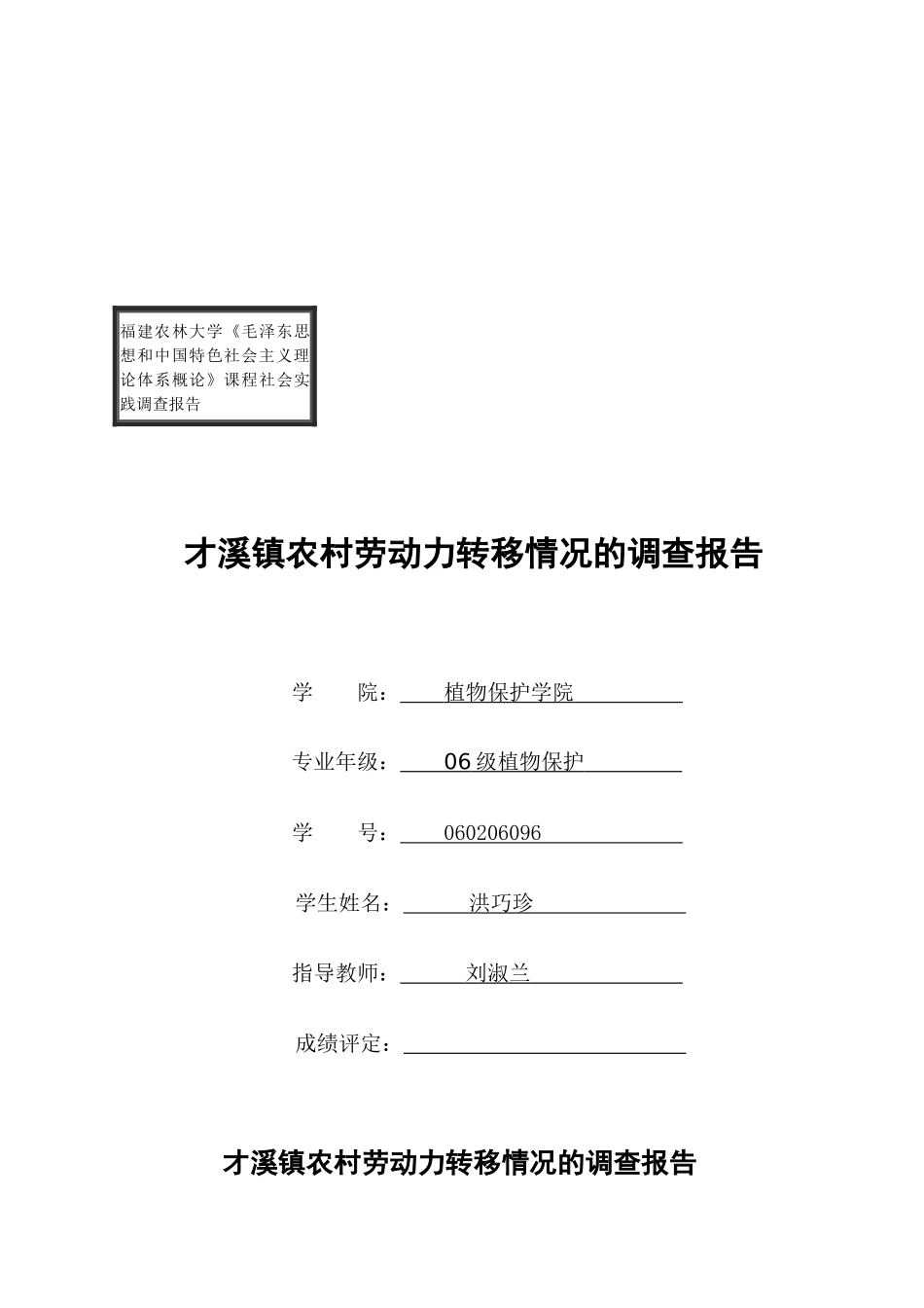 关于才溪镇农村劳动力转移情况的调查报告_第1页