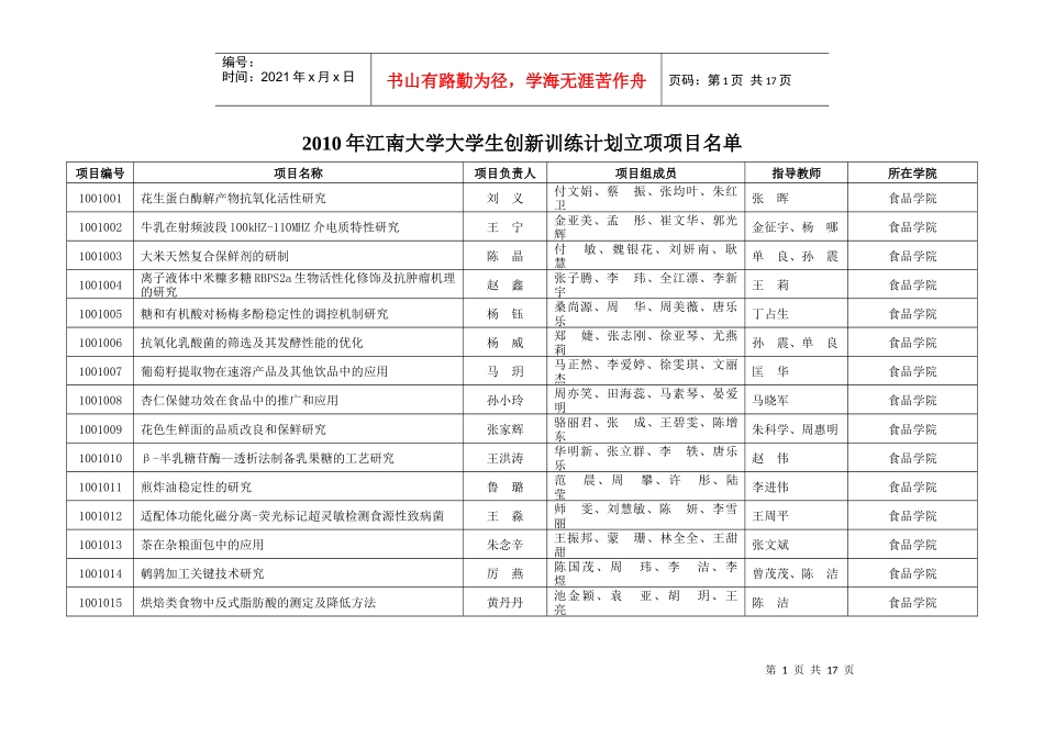 关于公布XXXX年江南大学大学生创新训练计划项目立项的通知_第1页