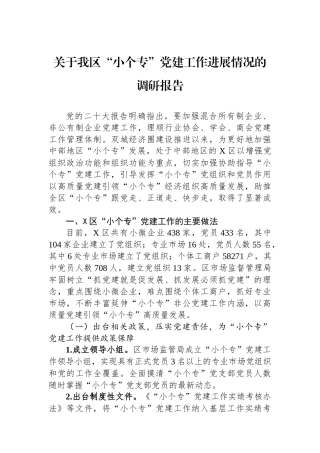 关于我区“小个专”党建工作进展情况的调研报告