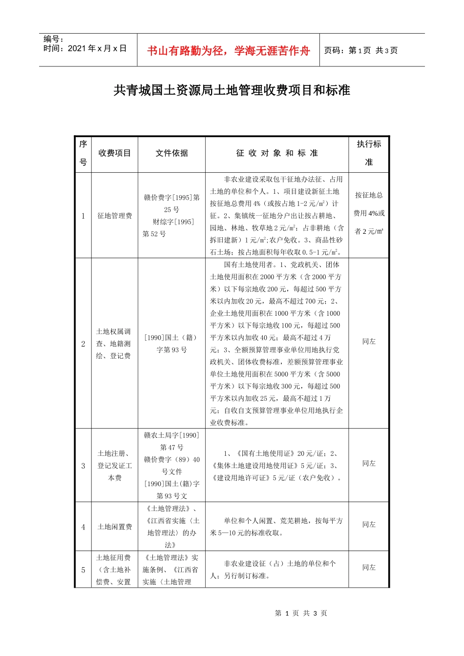 共青城国土资源局土地管理收费项目和标准_第1页