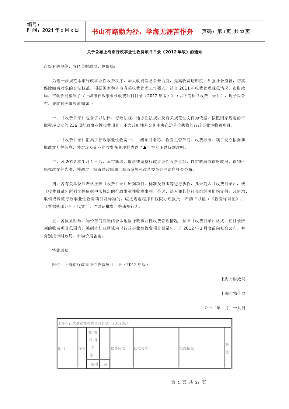 关于公布上海市行政事业性收费项目目录(XXXX年版)的通_第1页
