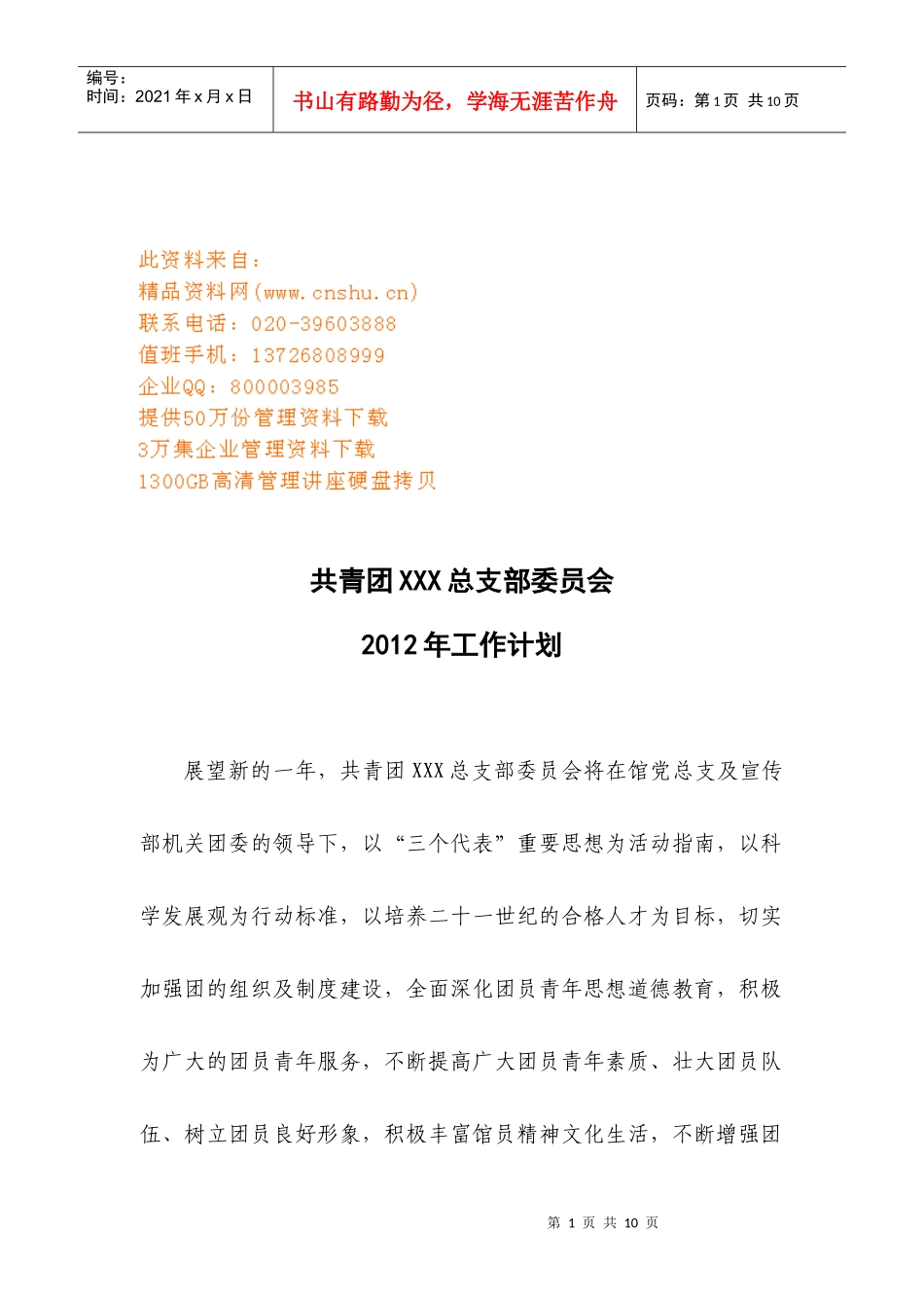 共青团总支部委员会年度工作计划书_第1页