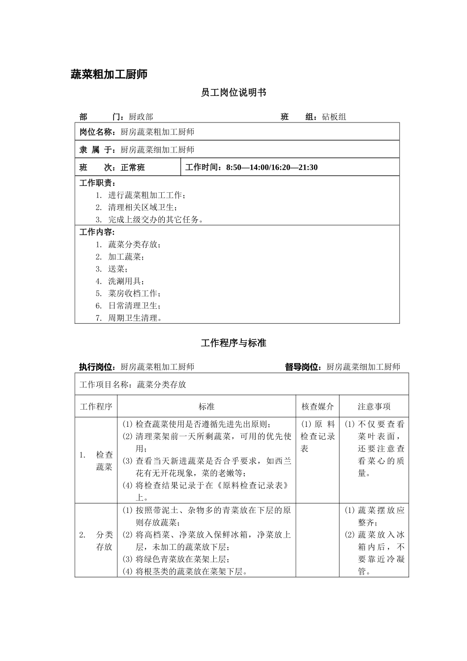 厨房蔬菜粗加工厨师岗位说明书17_第1页
